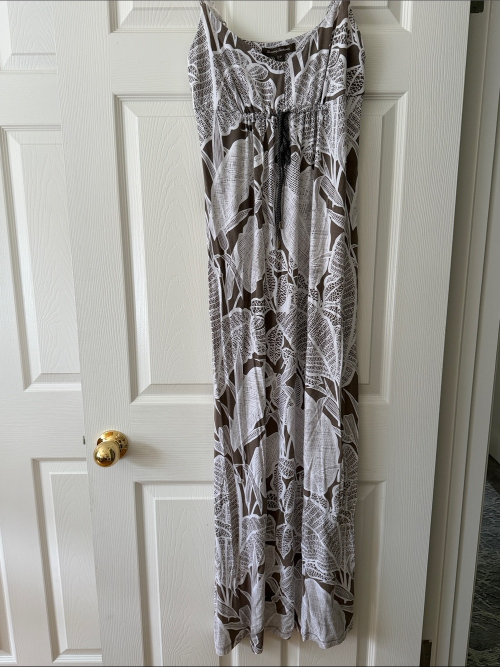 Tommy Bahama gray and white flowered maxi dress.